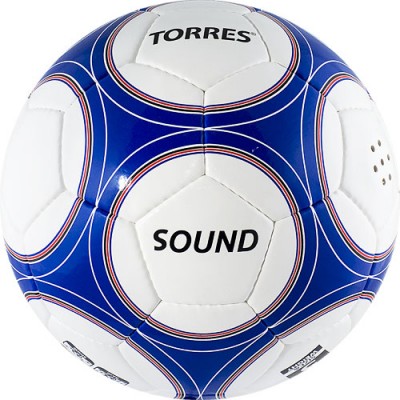 Мяч футб. TORRES Sound арт.F30255, р.5, спец.разраб. модель для слабовидящих (симметр. в 4-х панелях сделаны вставки, издающие звук, типа погремушек ) , 32 пан, глянц.синт.кожа (ПУ толщ. 1, 5 мм) , 4 подкл. слоя, лат. камера, руч.сшивка, бел-син-чер