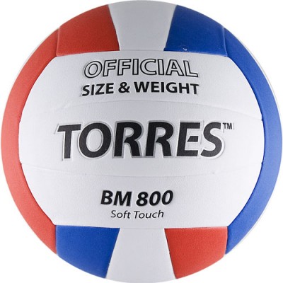 Мяч вол. трен. TORRES BM800 арт.V30025, р.5, мягкая синт.кожа (полиуретан) , армирование камеры синт.тканью, рекоменд. для игры в зале и на улице, клееный (технология TSBE) , 18 панелей, бут.камера с бут.ниппелем, бело-сине-красный