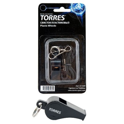 Свисток пластиковый с шариком TORRES , арт.SS1009, шнурок с карабином в комплекте, черный