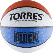 Мяч баск. любит. TORRES Block арт.B00077, р.7, износостойкая резина, нейлоновый корд, бутиловая камера, бело-сине-красный