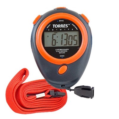 Секундомер TORRES Stopwatch , арт.SW-002, засечка промежутков времени, часы (формат 12/24) , будильник, дата. Пластик, длина 7 см. шир. 6 см, в компл.батарейка, инстр.по экспл.на рус.яз, шнурок с карабином, карт.упаковка, чер-крас