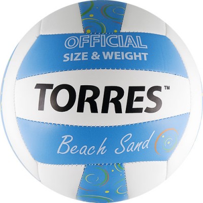 Мяч вол.любит.для пляж.волейбола TORRES Beach Sand Blue арт.V30095B, р.5, мягкая синт.кожа (термополиуретан) , армирование камеры синт.тканью, рекоменд.для игры в зале и на улице, машин.сшивка, 18 пан, бут.камера с бут.ниппелем, бел-голуб-мультиколор