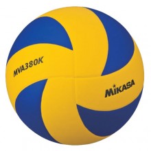 Мяч волейб. трен. MIKASA MVA380K , р.5, износостойкая синт.кожа (ПВХ) , 8 панелей, бутиловая камера, нейлоновый корд, клееный, сине-желтый
