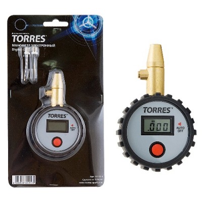 Манометр электронный TORRES , арт.SS1014, две иглы и эл. питания в компл, универс., показания в PSI, BAR, KGS, KPA, дл. 10 см, шир. 6 см, пластик, обрез. корпус, черный