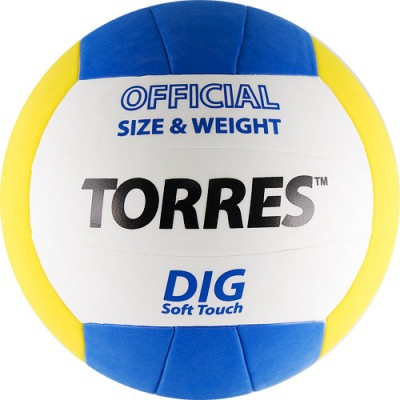 Мяч вол.любит. TORRES Dig арт.V20145, р.5, синт.кожа TPE (ПВХ с добавл.эластомера) , армирование камеры синт.тканью, рекоменд.для игры в зале, т.к.материал покрышки нежный , клееный (технология TSBE) , 18 пан, бутил.камера с бутил.ниппелем, бел-жел-син