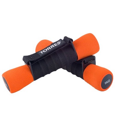 Гантели для аэробики TORRES арт.AL6004, 1 кг каждая, покрытие из неопрена, фиксирующие ремни, оранжево-черный
