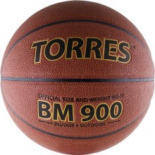 Мяч баск. матчевый TORRES BM900 арт.B30036, р.6, синт. кожа (полиуретан) , нейлоновый корд, бутиловая камера, для зала и улицы, темнооранжево-черный