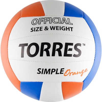 Мяч вол. любит. TORRES Simple Orange арт. V30125, р.5, мягкая синт. кожа (ТПУ) , машинная сшивка, бутиловая камера, нейлоновый корд, 18 панелей, белый-голубо-оранжевый