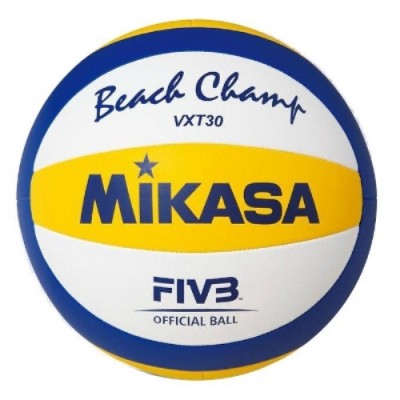 Мяч для пляж. волейбола трен. MIKASA VXT30 , р.5, реплика офиц. мяча FIVB для пляж.вол. VLS300,мягкая синт. кожа (ПУ) , маш. сшивка, бутиловая камера, армированная нейлоновой нитью, 10 панелей, бел-син-желт