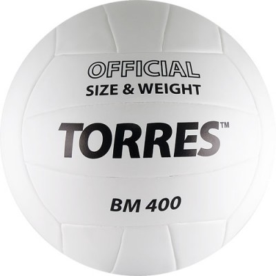 Мяч вол. любит. TORRES BM400 арт.V30015, р.5, мягкая синт.кожа (термополиуретан) , армирование камеры синт.тканью, рекоменд. для игры в зале и на улице, клееный (технология TSBE) , 18 панелей, бут.камера с бут.ниппелем, бело-черный