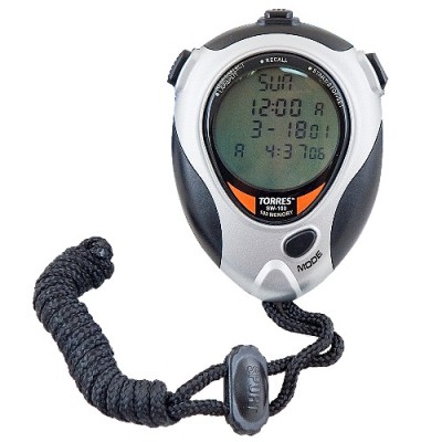 Секундомер проф. TORRES Professional Stopwatch , арт.SW-100,100 ячеек памяти, сдвоенный таймер с повтором, метроном, часы, дата, календарь, будильник, пластик, длина 11 см., шир. 6 см, в компл.батарейка, шнурок, инстр.на рус.яз, картон.упак., серебр-чер