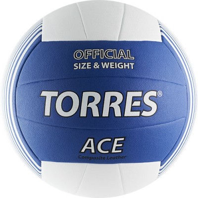Мяч вол. матч. TORRES Ace арт. V40065, р.5, мягкая синт.кожа (японская микрофибра) , армирование камеры синт.тканью, рекоменд. для игры в зале, клееный (технология TSBE) , 18 панелей, бут.камера с бут.ниппелем, бело-синий
