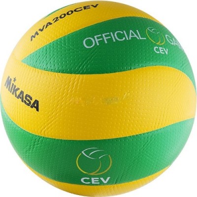 Мяч вол.проф. MIKASA MVA200CEV , р.5, оф.мяч Лиги Чемпионов ЕКВ (Европ.федерация волейбола) сезона 2014-2015, сертификат FIVB Approved, синт.кожа (микрофибра) с угублениями, 8 пан, клееный, бут.камера, армирование нейлон.нитью, зелено-желтый