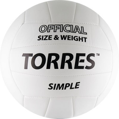 Мяч вол. любит. TORRES Simple арт. V30105, р.5, мягкая синт. кожа (ТПУ) , машинная сшивка, бутиловая камера, нейлоновый корд, 18 панелей, бело-черный