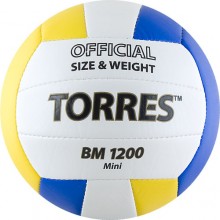 Мяч волейб. сувенирный TORRES BM1200 Mini , арт.V30031, р.1, диам. 15 см, синт. кожа ТПУ, маш. сшивка, сине-желтый. Реплика BM1200