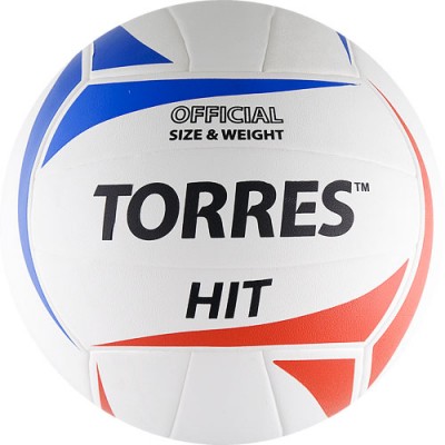 Мяч вол. трен. TORRES Hit арт.V30055, р.5, мягкая синт.кожа (полиуретан) , армирование камеры синт.тканью, рекоменд. для игры в зале и на улице, клееный (технология TSBE) , 18 панелей, бут.камера с бут.ниппелем, бело-красно-синий