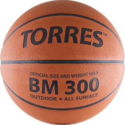 Мяч баск. трен. TORRES BM300 арт.B00015, р.5, износостойкая резина, нейлоновый корд, бутиловая камера, для зала и улицы, темнооранжево-черный