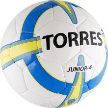 Мяч футб. TORRES Junior-4 арт. F30234, р.4, для игр и тренировок детей до 10-12 лет, вес 310-330 г, глянц. синт. кожа (ПУ) , 3 подкл. слоя, 32 пан, ручная сшивка, лат. камера, бело-желт-гол