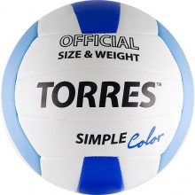 Мяч вол. любит. TORRES Simple Color арт. V30115, р.5, мягкая синт. кожа ТПУ, машинная сшивка, бутиловая камера, нейлоновый корд, 18 панелей, бело-голубо-синий