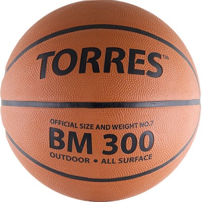 Мяч баск. трен. TORRES BM300 арт.B00017, р.7, износостойкая резина, нейлоновый корд, бутиловая камера, для зала и улицы, темнооранжево-черный